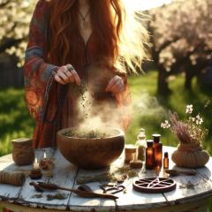 Red haired woman is adding herbs to a large bowl outside.